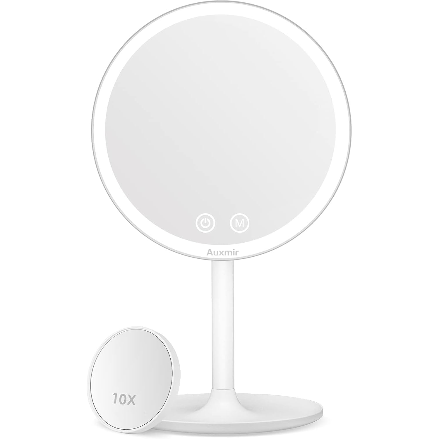 Auxmir Espejo Maquillaje con Luz LED, Espejo 1X con Aumento 10X, Espejo Recargable 2000mAh con USB, 3 Colores de Luz, Brillo Regulable, Base Grande, para Baño Tocador, Blanco
