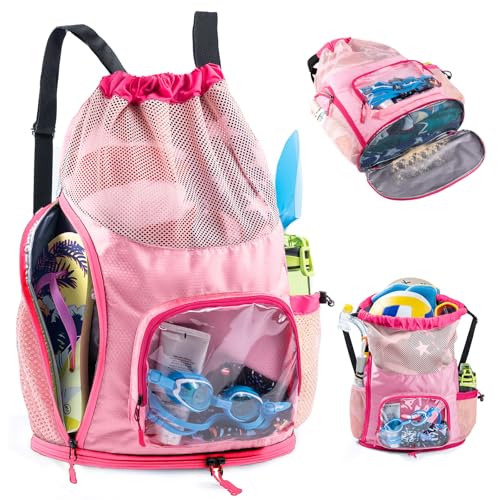 Drawstring Backpack Sandproof - Mesh Backpack Beach Bag with Shoe Compartment - Swim Bag for Beach, Pool - Pool Bag with Pockets for Toiletries - Wet Bag for Swimsuit - Summer Camp Essentials