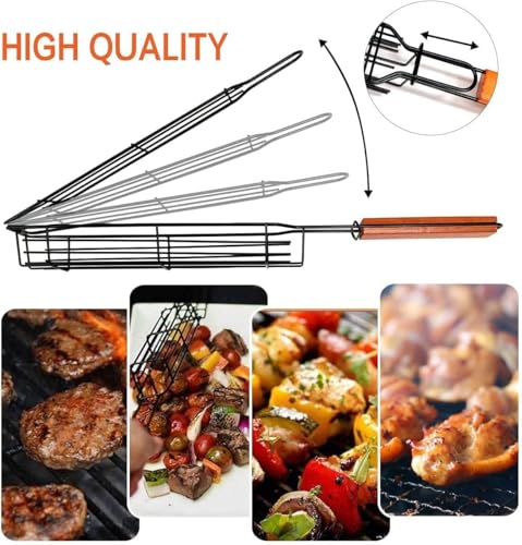Image of Permafrost BBQ Grill Basket for Home (Pack of 1) Foldable Non-Stick Barbecue Grill with Wooden Handle Powder Coated Stainless Steel Mesh Tandoori Chicken & Vegetable Griller Portable Outdoor Barbeque Tool for Travel Camping & Cooking