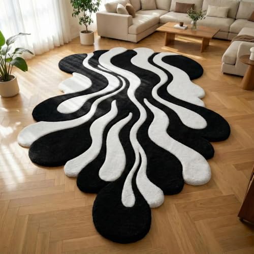 Image of Hand Tufted Wool Rug 6x8 Ft - Modern Irregular Shape Aesthetic Carpet, 1 Inch Thick Pile, Anti-Skid Backing, Soft Handmade Woolen Area Rug for Living Room, Bedroom, Hall Decor