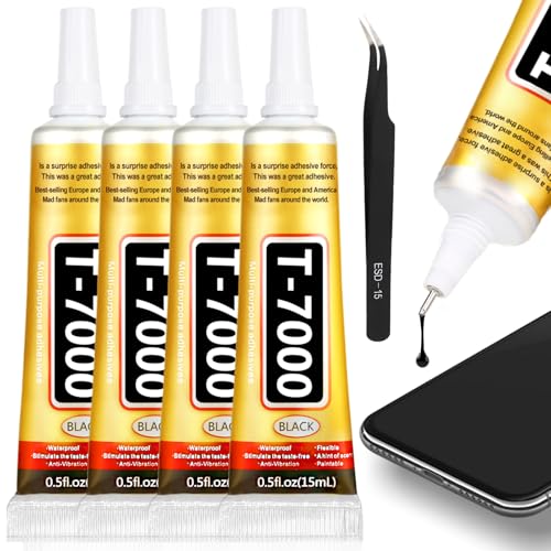 T-7000 Black Glue Adhesive 4 x 15ML T7000 Adhesive Glue with Tweezers Precision Repairs Glue for Cell Phone Screen Electronics DIY Jewelry Making Crafts