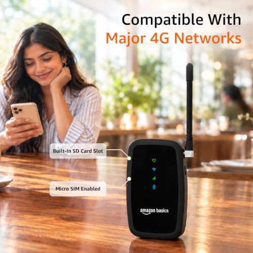 Image of Amazon Basics 4G LTE Wireless Dongle with Antenna, 3800 mAh Rechargeable Battery, All Network SIM Support, Up to 150 Mbps 2.4 GHz Wi-Fi for up to 8 Devices, SD Card Slot, Type-C Charging (Black)