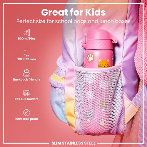 Ion8 Lightweight Steel Water Bottle, 600 ml/20 oz, Non-Insulated, Leak Proof, Easy to Open, Secure Lock, Dishwasher Safe, Flip Cover, Fits Cup Holders, Carry Handle, Metal Water Bottle, Cats