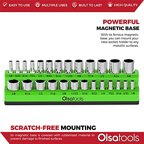Image of Olsa Tools Magnetic Socket Organizer - 1 /4-Inch Drive SAE Socket Holder with Strong Magnets - Professional Tool Holder and Organizer - Stores up to 26 Sockets - Green - Part: 1115