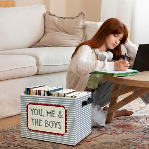 Image of Vintage Boy Nursery Storage Bins Box with Handles, You Me and the Boys Blue Striped Collapsible Basket Organizer for Kids Boys Room Bedroom Playroom Bathroom Books Clothes