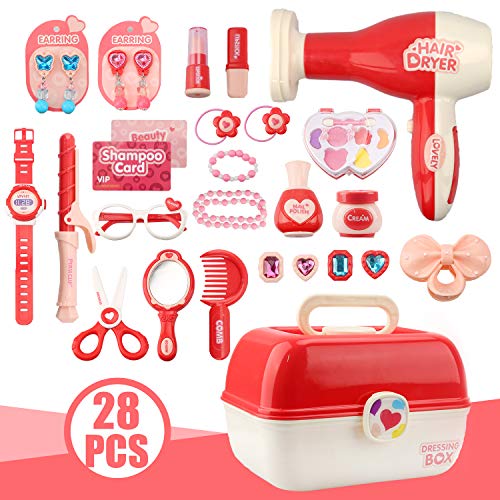 Sanlebi Kit de Maquillage pour Fille Coffrets de Bijoux Pretend Princesse Valise avec 28 Pièces pour 3 Ans Enfants