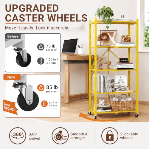Image of black leopard 5-Tier Foldable Metal Storage Shelf with Wheels, Gold | Foldable Design; 85 lb Capacity per Shelf; Preassembled Frame; Lockable Casters; Reinforced Metal Construction