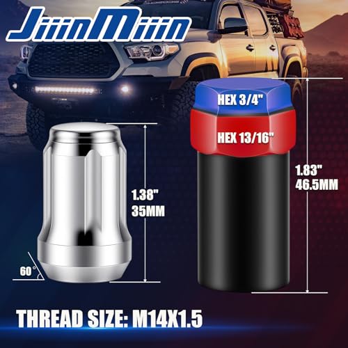 Image of JiiinMiiin M14x1.5 Wheel Locks Chrome with Key, 14x1.5 Wheel Locks 1.37 inch Length with 1 Key 60 Degree Conical /Cone Bulge Seat Closed End 4PCS