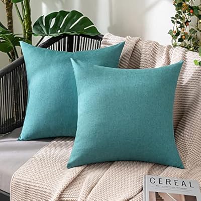 MIULEE Pack of 2 Decorative Outdoor Solid Waterproof Throw Pillow Covers Faux Linen Garden Farmhouse Cushion Cases for Patio Tent Balcony Couch Sofa 18x18 inch Turquoise
