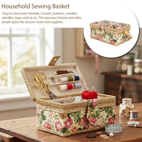Sewing Basket for Sewing Supplies, Vintage Sewing Kit Storage Box with Removable Tray, Household Fabric Craft Handmade Thread Needle Storage Box Organizer with Handle for Embroidery - Thumbnail 2