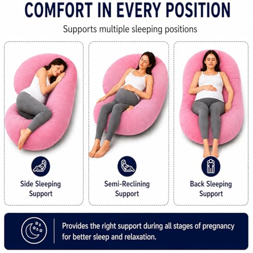Image of Restify C-Shape Pregnancy Pillow for Women Sleeping | Full Body Maternity Pillow for Back, Hips, Legs & Belly Support | Removable & Washable Velvet Cover | Pink