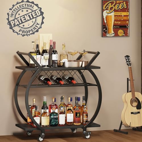 Image of LVB Black Bar Cart with Wheels, Industrial Wine Cart with Storage for Home | Modern Bar Cart with Wine Rack, Beverage Rolling Kitchen Serving Cart, Wooden Microwave Drink Liquor Cart for Dining Room