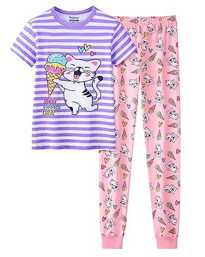 CYCHELRY Summer Pajamas for Girls Size 4T-14 Snug Fit Cotton PJS Short Sleeve Kids Sleepwear Cute Children Jammies Set