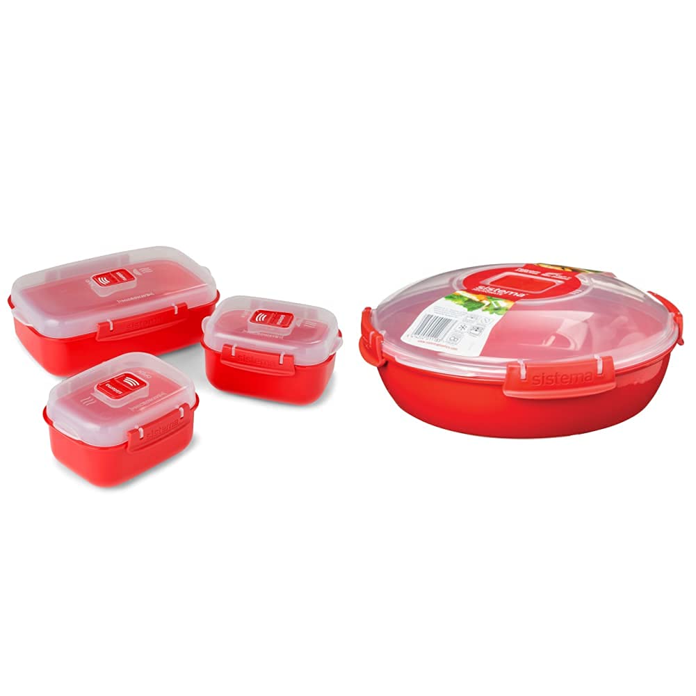 SistemaMicrowave Heat and Eat 3 Pack, Red/Clear, Pack of 3 & Round Microwave Dish, Red, 1.3 L