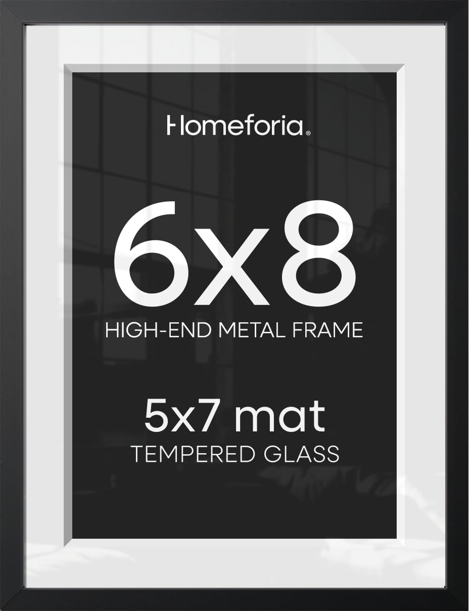 Homeforia 6x8 Black Picture Frame, High-End Metal, 5x7 Mat, Glass