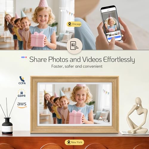 Image of NexFoto 15.6'' Touchscreen Digital Picture Frame, 64GB Wood Electronic Picture Frame, FHD WiFi Digital Photo Frame, Add Photos from Google Photos, Share Videos, for Mom, Christmas /Birthday, Wood