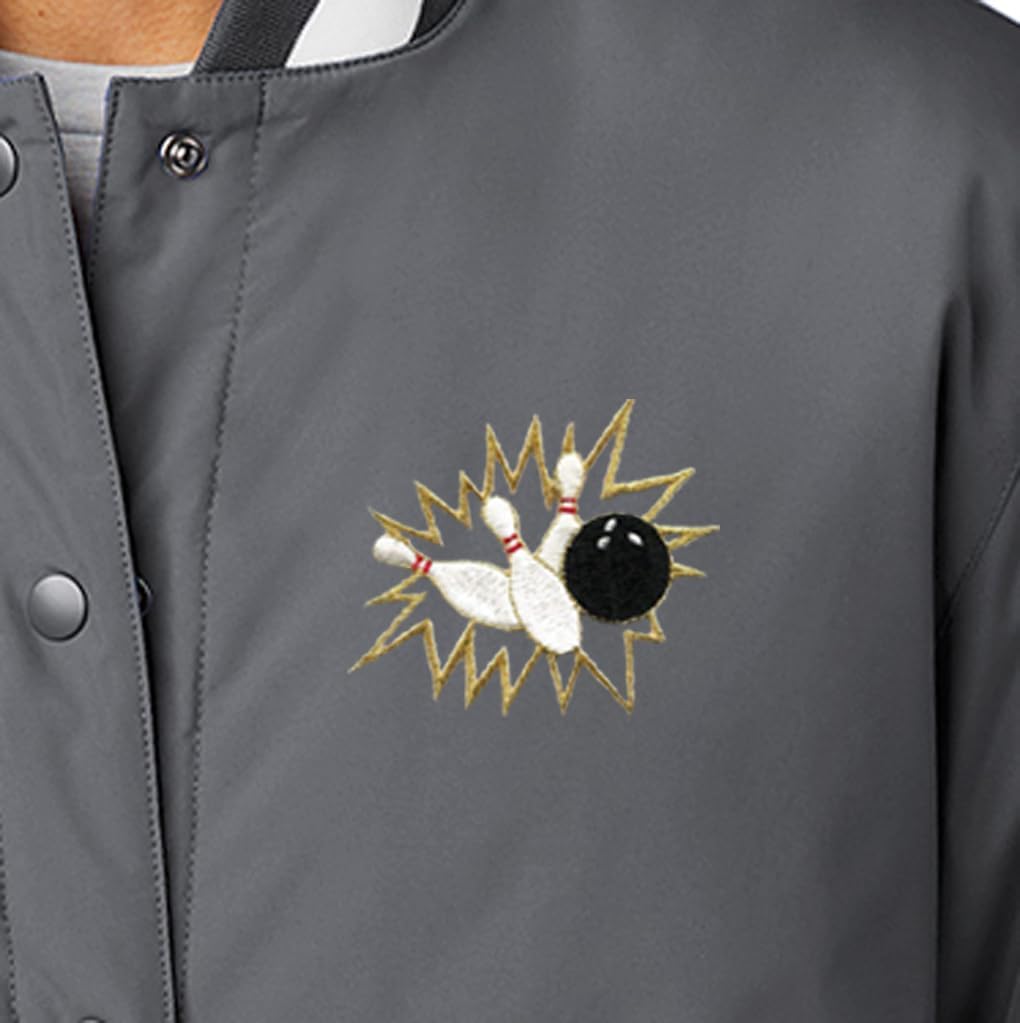 Buy Cool Shirts Men's Crashing Bowling Pins Patch Varsity Jacket