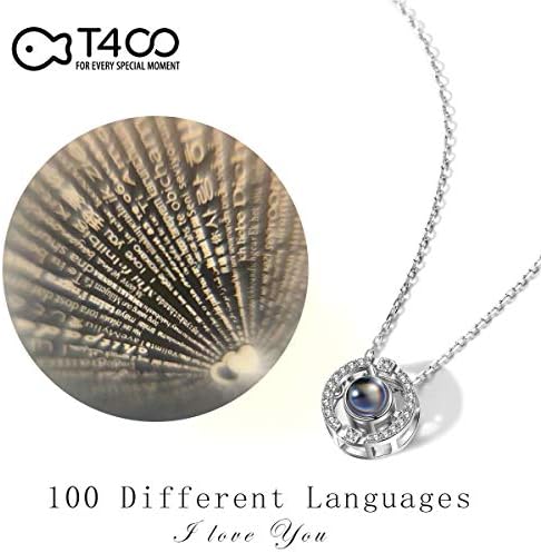 T400 925 Sterling Silver I Love You Necklace 100 Languages Projection Pendant Necklace,Love Gift 15.7"+1.2" Chain
