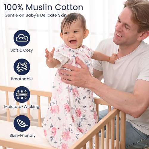 Image of PHF Soft Muslin Cotton Baby Sleep Sack 6-12 Months, 2 Pack 100% Cotton Sleeping Sack for Summer, 0.5 TOG Baby Wearable Blankets with 2-Way Zipper, Sleep Sacks for Girls Newborn, Pink Floral