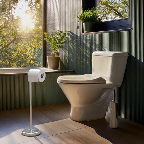 Image of Gatco 1437C Latitude II Freestanding Toilet Paper Holder, Chrome Bathroom Tissue Roll Stand with Modern Floor Standing Design