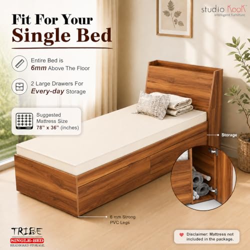 Image of Studio Kook Tribe Headboard Storage Engineered Wood Single Bed with Drawers (Amber Walnut, Right Side Drawer)