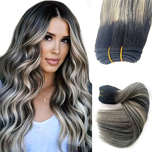 Image of Balayage Blonde Highlight Weft Hair Extensions Human Hair Weave Extension Black Hair Balayage White Grey Highlights Sew in Hair Extensions Real Human Hair Wefts 18 Inch Hair Wefts Weave Bundles 100G