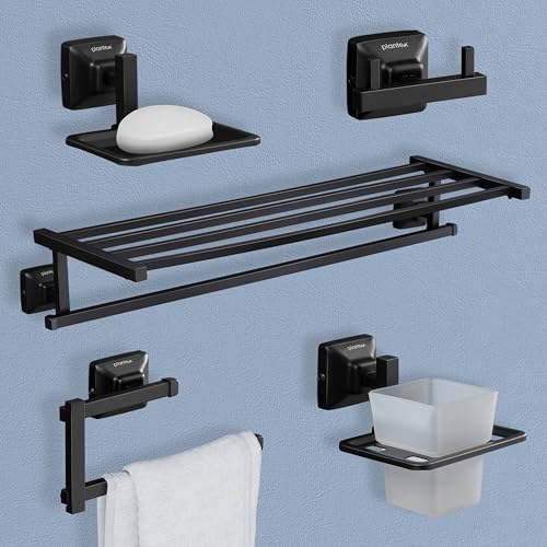 Image of Plantex 304 Grade Stainless Steel Bathroom Accessories Set of 5 - Towel Stand /Napking Holder /Soap Holder /Toothbrush Stand /Robe Hanger - Squaro (Black)