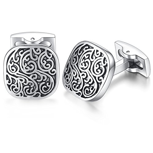 Honey Bear Herren Hochzeit Retro Muster Geschnitzt Manschettenknöpfe Cufflinks Edelstahl Manschettenknopf (Silber mit Schwarz) (Platz)