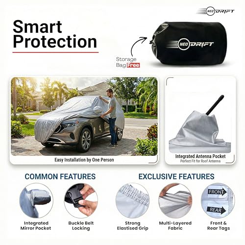 Image of NEODRIFT 'CrystalTech' Car Cover for Mahindra Thar Roxx (100% Water-Resistant, All Weather Protection, Tailored Fit, Multi-Layered and Breathable Fabric) (Colour: Crystal Silver)