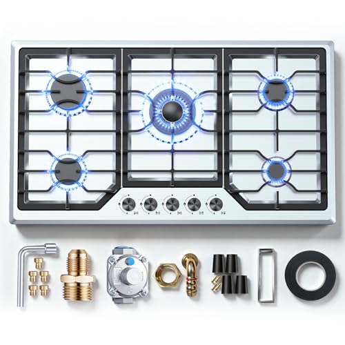 Gas Cooktop 36 Inch ROVLEP Gas Stove Top Built-in 5 Burners Stainless Steel Total 37 600 BTU NG/LPG Convertible Propane Cooktops Dual Fuel RV Stove Top with Thermocouple Protect (36 INCH)