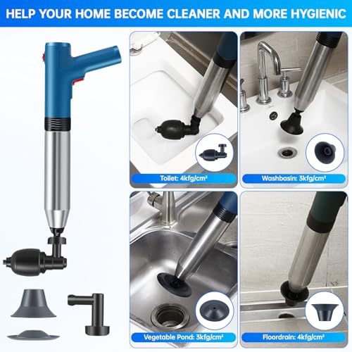 Heasin Rohrreiniger Druckluft, 4 in 1 Toiletten Pömpel, Abflussreiniger Pumpe, Pressluft Rohrreiniger mit Luftdruckanzeige, für Waschbecken, Bodenablauf, Badezimmer, Toiletten, Dusche