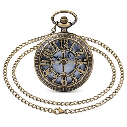 I-MART Relógio de bolso retrô de bronze antigo com corrente de colar com fecho lagosta de 78,7 cm, colar clássico de quartzo, relógio de bolso vintage steampunk com corrente para homens e mulheres,