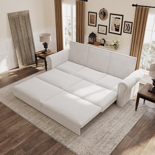 Image of Eafurn 93.7 inch King Size Pull Out Sofa Bed, 3-in-1 Convertible Sleeper Sofa Couch Bed with Nailhead Decor and Rolled Arms, Velvet Oversized Chesterfield Loveseat Chaise Lounge