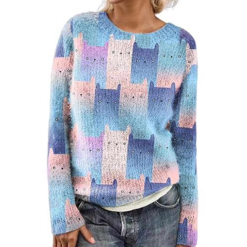 Akivide Women's Fall Winter Cute Cat Graphic Floral Print Sweater Casual Loose Long Sleeve Crewneck Sweatshirt Oversized Tops