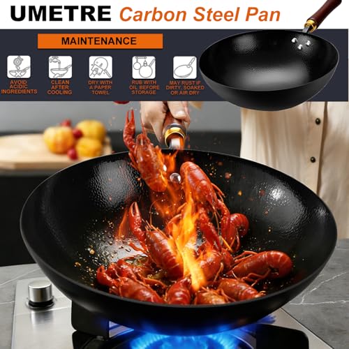 Image of Carbon Steel Wok Pan, 12.6-Inch Nonstick Pre-Seasoned Woks & Stir-Fry Pans with Glass Lid, No Chemical Coated Wok Round Bottom Hand Hammered Chinese Wok for Gas Stoves