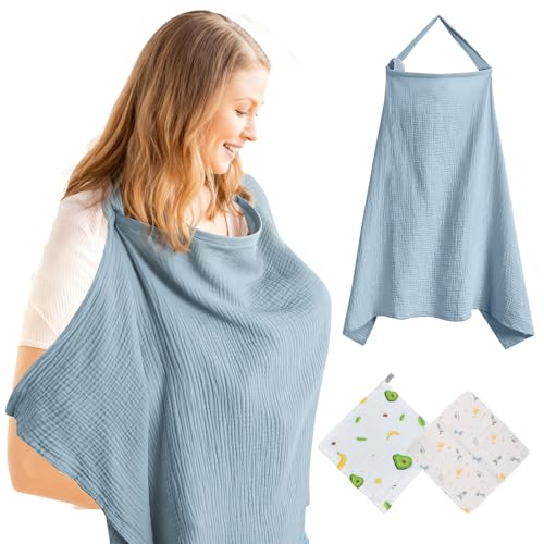 Solivive Tablier Allaitement Bébé, Couverture Respirante en Coton Doux (71x95 cm), Écharpe Ajustable pour Mamans, 4 Couches de Bavoirs Mousseline + 2...