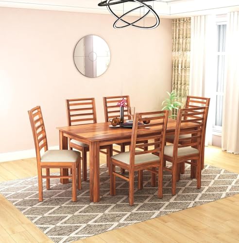 Image of Solid Sheesham Wood Dining Set with Dining Table & Cushioned Chairs | Elegant | Comfortable | Durable & Stylish for Dining Room | Living Room | Home & Office | Hotels Restaurant (brown 25)