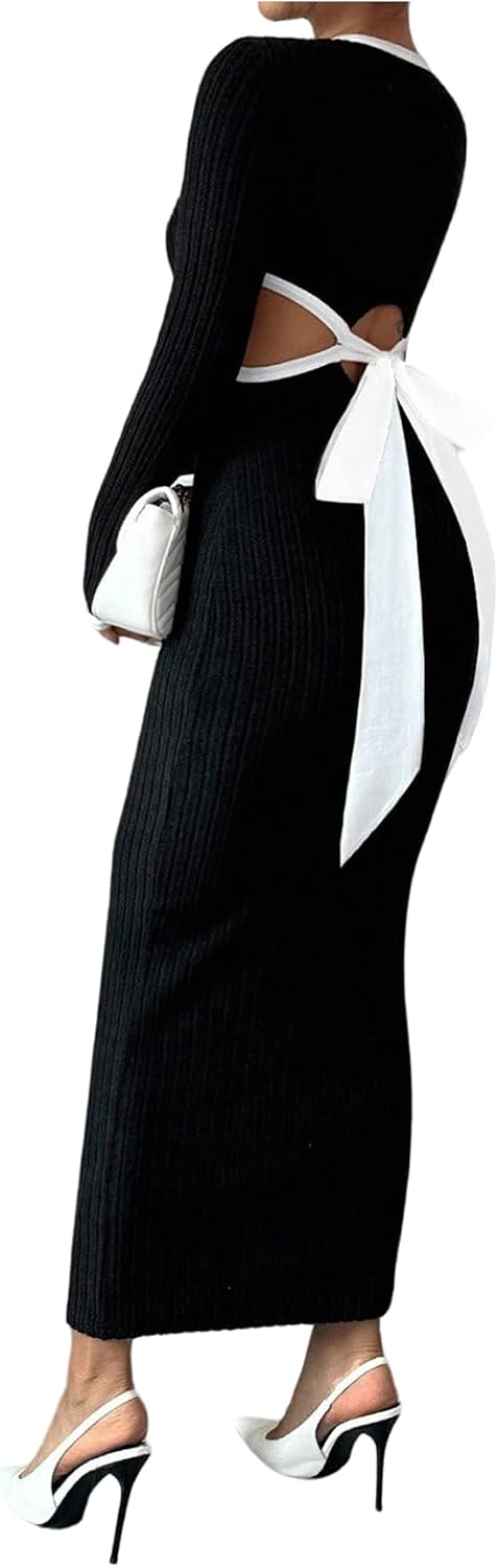 GORGLITTER Women's Open Back Bow Dress Tie Backless Long Sleeve Cut Out Bodycon Maxi Formal Dresses Going Out Outfits