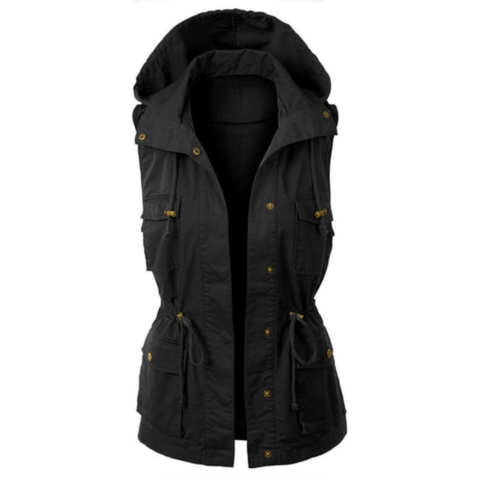Gilet senza maniche da donna con cappuccio Cargo Giacca mezza stagione Primavera Militare Cappotti Cordoncino Vita Tasche Funzionali Giacca per Viaggi Lavoro Escursionismo Campeggio Outwear