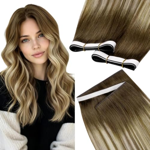 LaaVoo Weft Tape Extensions Ombre Light Brown to Blonde Invisible Tape in Weft Hair Extensions Human Hair 50G Tape in Hair Extensions Balayage Brown Seamless 50G 22inch