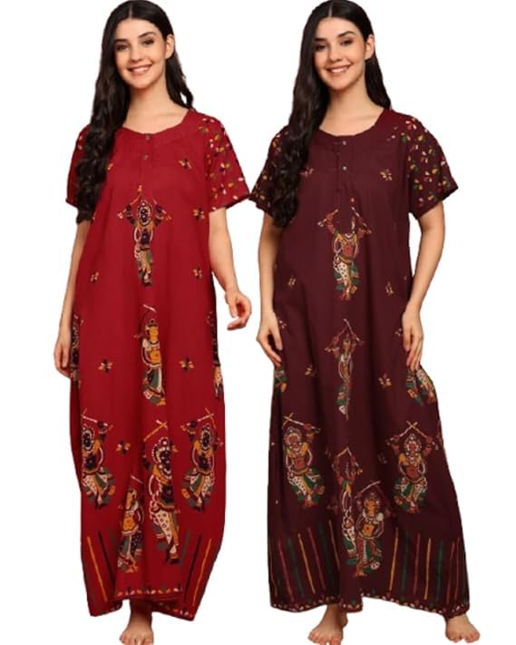 Image of OFEEFAN Women's Cotton Maxi Nightgown with Pockets - Long Soft Sleep Dress, Comfortable Loungewear for Women