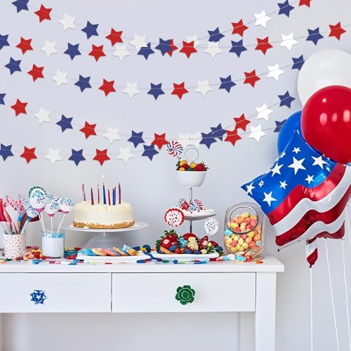 Image of 6 Pack Total 60 ft Patriotic Red White Blue Star Garland, Hanging Paper Stars Streamer Banner, USA American Flag Decoration for 4th of July, Memorial Day, Veterans Day, Independence Day Party Supplies