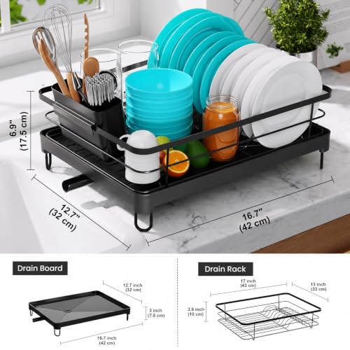 Image of JD FRESH Dish Drying Rack with Drainer Tray | Steel Bartan Stand for Kitchen | Anti-Rust, Smart Drain Outlet | Detachable Cutlery Holder | Countertop Utensils Organizer | Black (42x32x13 CM)