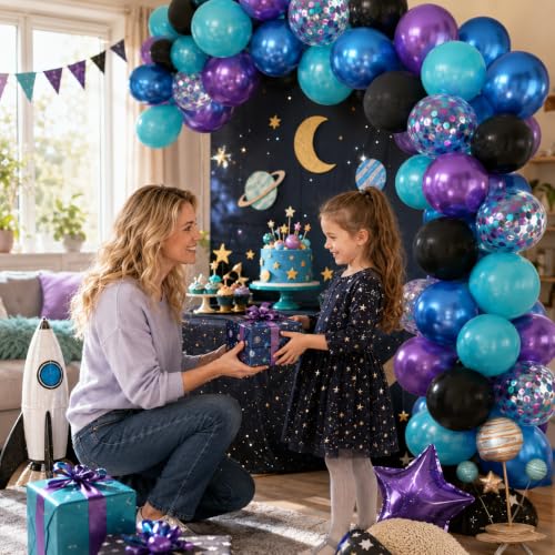 Image of Black Purple Blue Balloons 60 Pcs 12 Inch Metallic Blue Purple Teal Confetti Balloons for Space Birthday Party Galaxy Party Decorations and Teal and Blue Birthday Decorations