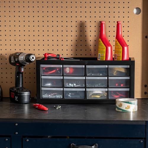 Image of IRIS USA 12-Drawer Desk Storage Organizer, Made in USA, Small Parts Plastic Storage Drawers, Water Packet, Jewelry, Make up, Craft Supplies, Building Blocks, Charms, Nuts & Bolts, Black