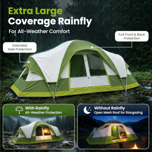 ALPHA CAMP Carpa para Camping Familiar de 10 Personas, Impermeable con Cubierta de Lluvia y Resistente al Viento, 3 Ventanas Grandes de Malla, 2 Habitaciones, Portátil con Bolsa de Transporte miniatura 5