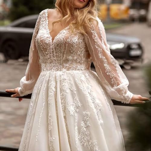 Boho Wedding Dresses for Women 2025 Long Sleeve Tulle Lace Applique V Neck Bridal Gowns for Bride2