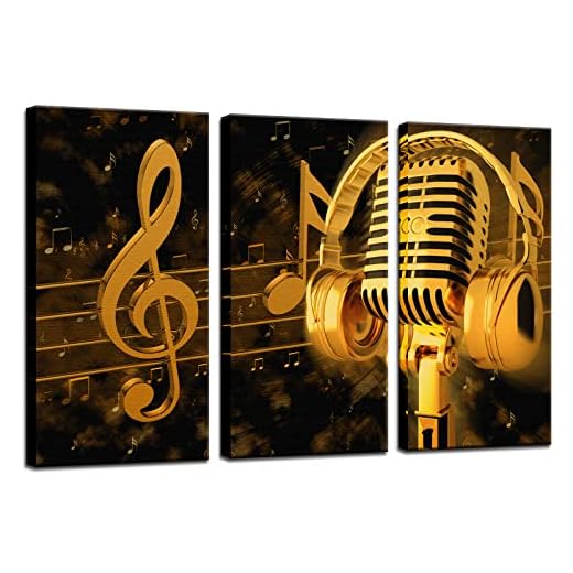 Biuteawal - Music Artistic Paintings Wall Art Gold Metal Microphone and Headset Note Picture Canvas Giclee Print Modern Home Studio Decor Stretched and Framed Ready to Hang
