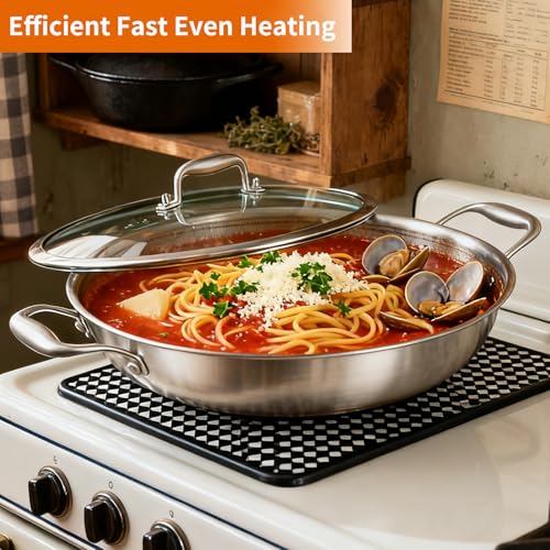 Image of DELARLO 13 Inch Stainless Steel Nonstick Wok Pan with Lid 5.5Qt Pot | Tri-Ply Deep 5.5-quart wok with dual handles heats evenly, is oven safe to 550F, and works with induction and all cooktops.