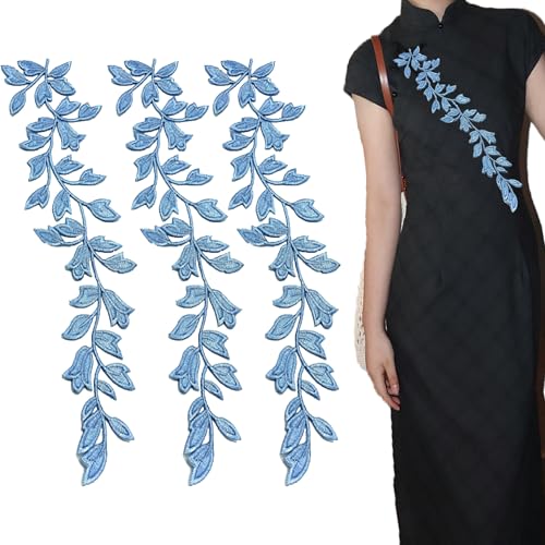 Image of Forest Leaves Iron On Patches for Garments, Sewing Embroidery Leaf Pattern Appliques for Decoration, Nature Theme Patches for Costume Crafts Cheongsam Robe Long Gown Embellishment, 3pcs, Blue